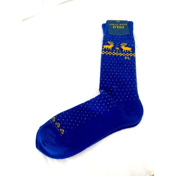 Polo Ralph Lauren Mens Navy Moose Reindeer Wool Blend Blue Socks Size 10-13 New - Picture 2 of 4